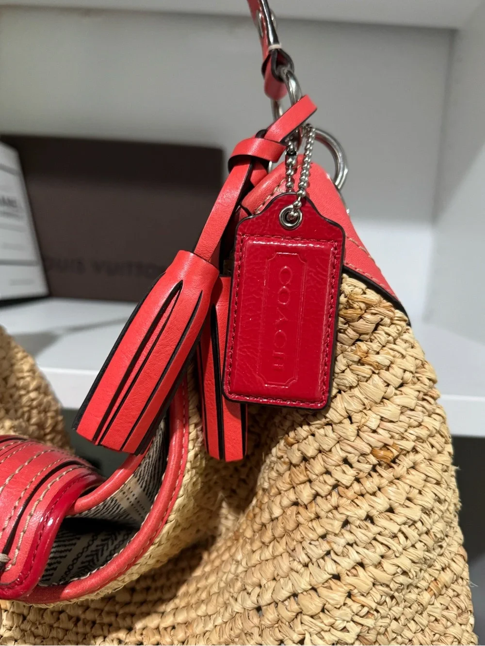 Coach Straw Hobo Bag with Coral Trim